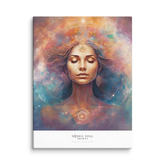 Spirituell konstposter av en meditativ kvinna med kosmiska färger och energi, skapad av Nordic Soul Prints. Perfekt för högvibrerande hem och mindfulness-inspirerad inredning.